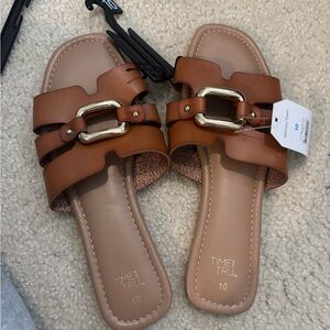 Time and Tru Tan Slide Sandals with Gold Buckle